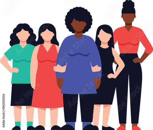Diverse women standing together in flat vector style