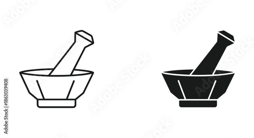 Mortar and pestle icon set in different style