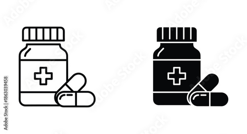 Medical bottle and pills icon in two different style