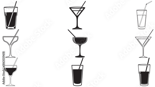 Modern cocktail glass with straw line art illustration for beverage menu mixology bar hospitality and festive celebration nightlife design