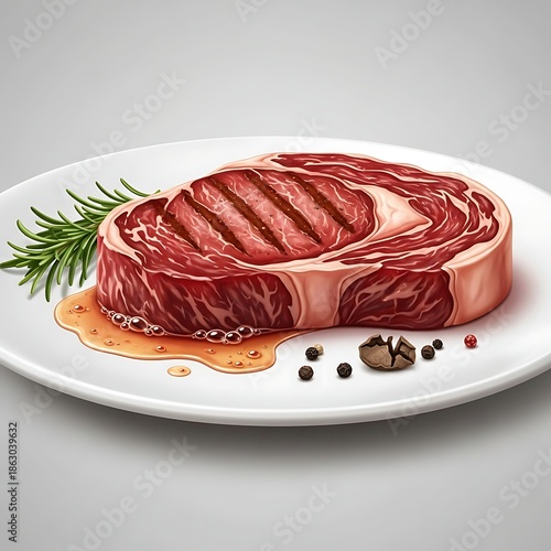 Delicious grilled steak on a white plate with rosemary and spices.