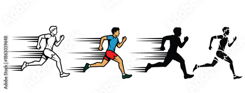 Vector illustration set of a male athlete running in four distinct graphic styles including line art flat color and solid silhouette with motion speed lines for sports and marathon concepts