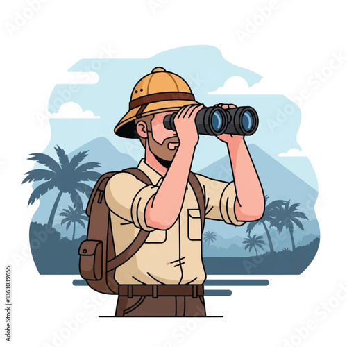 Man in khaki outfit with binoculars.
