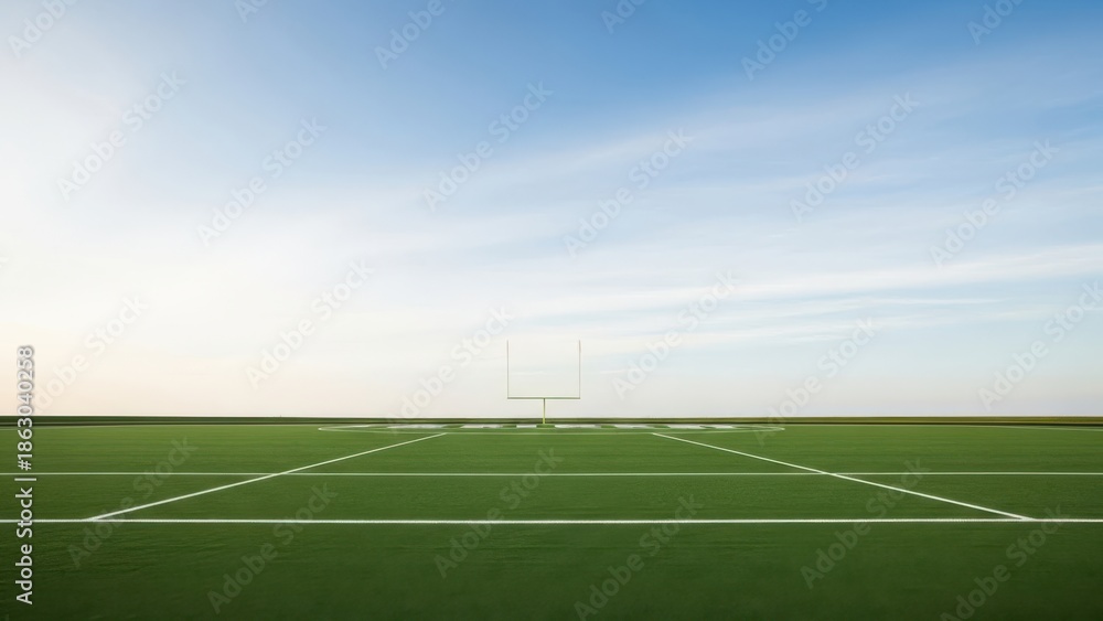 Fototapeta premium A serene American football field under a clear blue sky with white goalposts and green turf