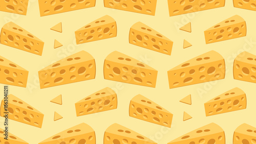 Cheese Blocks in Flat Design with Bright Yellow Color on Seamless Pattern for Food Packaging