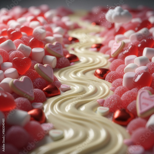 Whimsical Valentine Candy Landscape, Pink Hearts and Creamy River