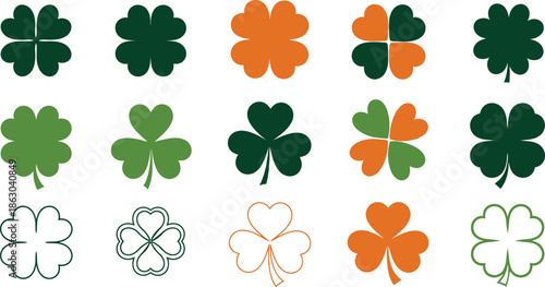 St patrick's day shamrocks and four leaf clovers in green and orange
