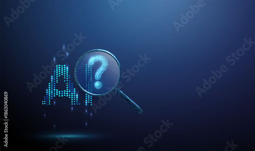 AI text under a magnifying glass with a question mark inside. Artificial intelligence, digital pattern, computational logic, uncertainty concept.
