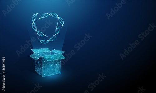 3D DNA strands from an open box. Genetic discovery, biological data exploration, hereditary research, genetic material collection, transportation concept.