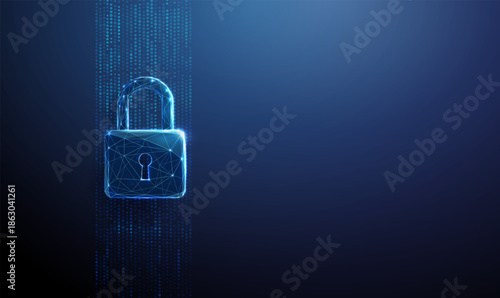 Lock symbol over a vertical stream of blue data dots. Cybersecurity, data protection, secure access, privacy preservation, network safety concept.
