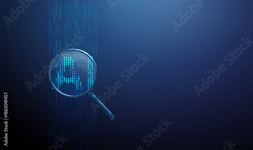Vertical streams of digital dots and AI under a magnifying glass. Data analysis, algorithm monitoring, model validation, intelligent system research concept