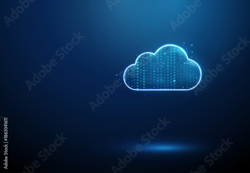 Cloud icon with streams of blue digital points inside Data flow, cloud computing, information processing, analytics, monitoring, insight, optimization concept.