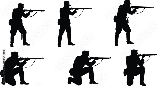 Military Soldier Vector Silhouette Set Featuring Historic Infantrymen In Uniform Aiming Rifles In Standing And Kneeling Shooting Poses For History