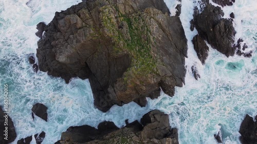 Sea Waves Crashing On The Rocks At Punta Candieira (Candelaria) Headland Near Cedeira, Galicia, Spain. Aerial Drone Shot
