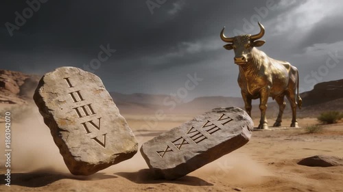 Moses Smashing Tablets: Moses Breaking the Ten Commandments Stone Tablets near Golden Calf.