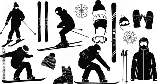 Skiing and Snowboarding Vector Silhouette Set Featuring Winter Sports Equipment Skis Snowboards Helmets Goggles Cold Weather Gear and Mountain Activities