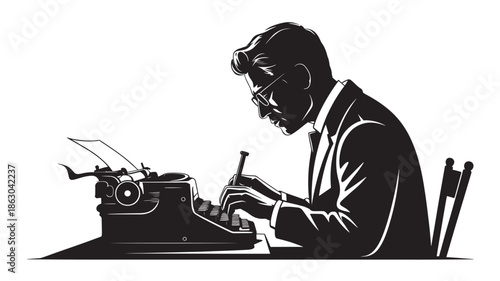 Man Typing on Vintage Typewriter in Office