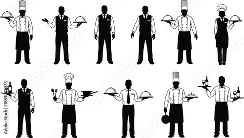 Silhouettes of twelve restaurant staff including chefs and waiters in uniforms, holding trays, utensils, and bottles, representing hospitality service roles