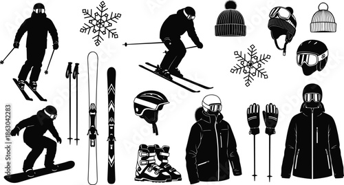 Skiing and Snowboarding Vector Silhouette Set Featuring Winter Sports Equipment Skis Snowboards Helmets Goggles Cold Weather Gear and Mountain Activities