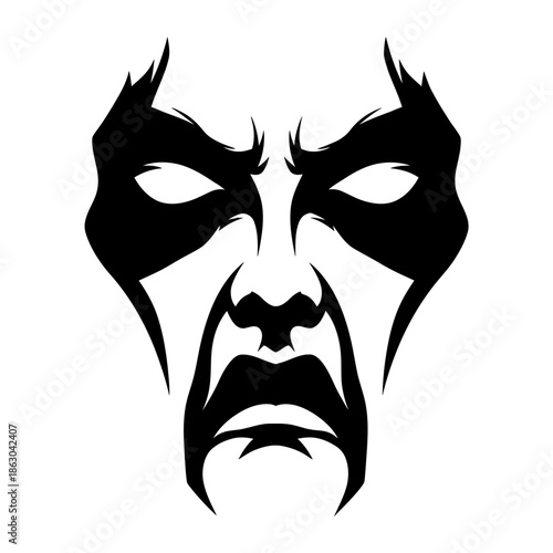 Abstract graphic illustration of a fierce demonic face with sharp fangs and glowing white eyes, symbolizing horror and evil, isolated on a white background