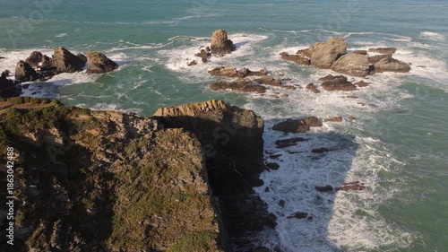 Aerial View Of El banco más bonito del mundo Observation Deck In Loiba, A Coruña, Spain.