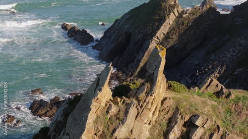 Scenic Rock Formations At The Rugged Coastline Of Loiba, Galicia, Spain. Aerial Drone Shot