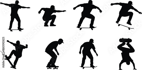 Silhouettes of eight skateboarders performing tricks and stances on skateboards, showcasing dynamic motion, athletic skill, balance, and skateboarding culture