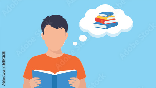Person reading a book with a thought bubble of stacked books, learning concept