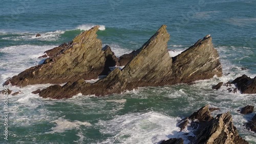 Sharp Rock Pillars Near Loiba, A Coruña In Galicia, Spain. Aerial Slow Motion Shot