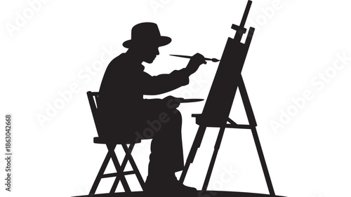 Painter Silhouette Painting on Easel in Studio