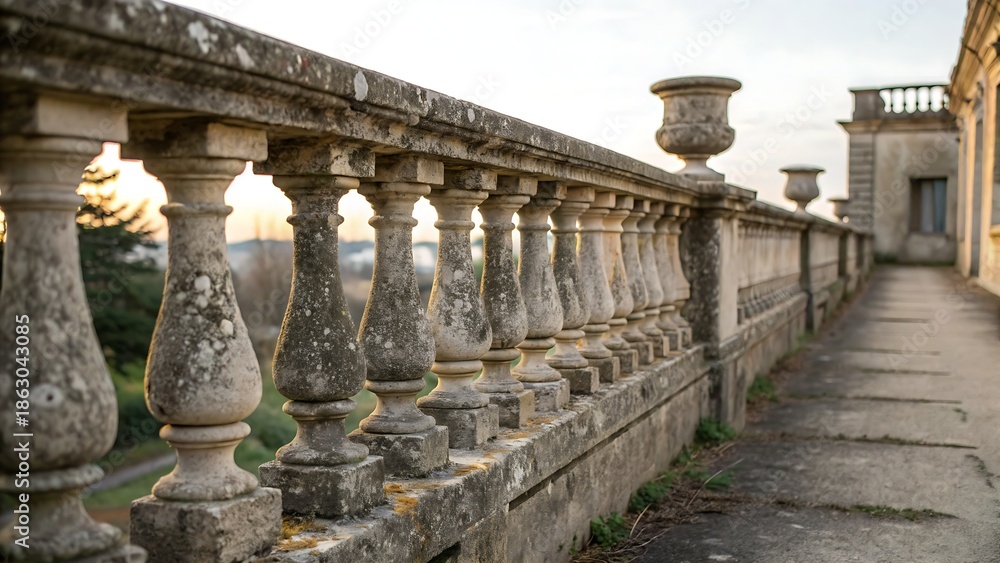 Fototapeta premium Green and dark vintage lights background with bokeh. Forest background, defocused, Grenn forest panoramic backgroundarchitecture, stone, balustrade, sky, balcony, building, column, columns, travel, ro