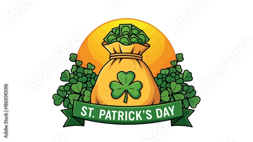 A festive St. Patrick's Day illustration featuring a money bag overflowing with green clover leaves, set against a warm, glowing sun and surrounded by lush shamrocks.