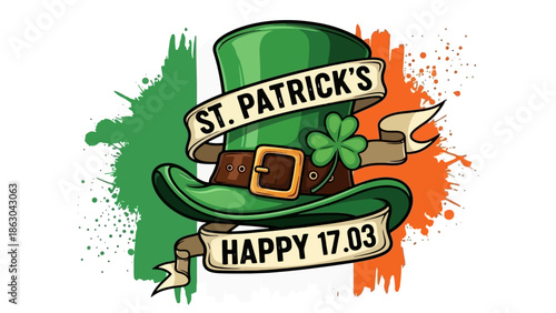 A festive St. Patrick's Day illustration featuring a green leprechaun hat adorned with a shamrock and a banner reading 'Happy 17.03', set against a vibrant Irish flag background with paint splatters.