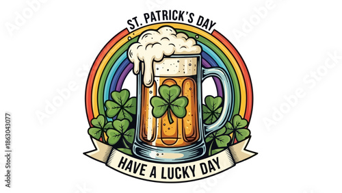 A frothy mug of beer adorned with shamrocks sits beneath a vibrant rainbow, with a banner proclaiming 'Have a Lucky Day' for St. Patrick's Day.