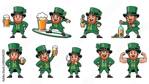 Collection of St. Patrick's Day Leprechauns Posing with Beer, Clover, and Money, Celebrating Irish