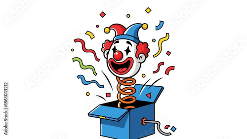 A classic jack-in-the-box toy with a clown popping out of a blue box, surrounded by colorful confetti and streamers.