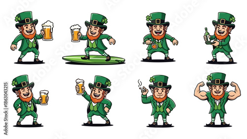 Collection of St. Patrick's Day Leprechaun Characters Depicting Various Activities and Poses Holding