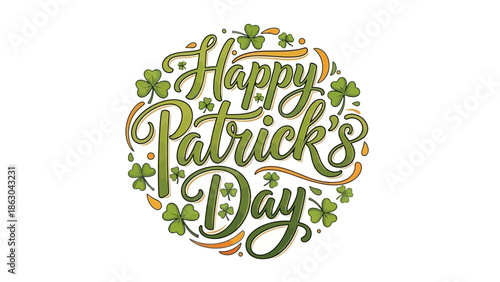 A festive circular design with the words "Happy Patrick's Day" written in elegant green calligraphy, surrounded by shamrocks and small green dots.