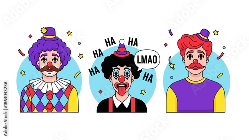 Three cartoon clowns with exaggerated features and colorful costumes, one in the center with a party hat and a speech bubble saying LMAO, surrounded by confetti and stars.