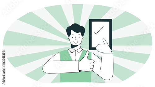 Smiling man giving thumbs up with checklist