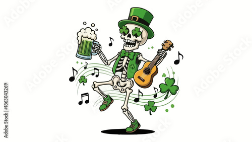 Dancing Skeleton in Leprechaun Hat Playing Ukulele and Holding Beer, St. Patrick's Day Celebration