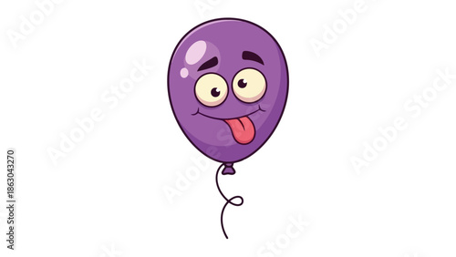 A cartoon illustration of a purple balloon with a silly, goofy face, sticking its tongue out.