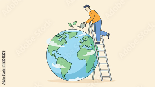Environmental protection concept with man watering plant on Earth globe