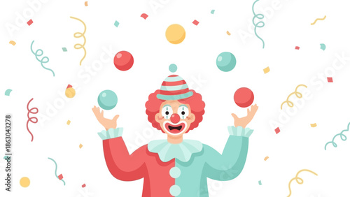 A cheerful clown in a colorful costume juggles several balls while confetti and streamers fill the air, creating a festive atmosphere.