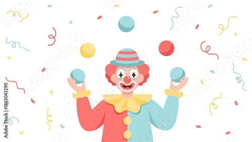 A cheerful clown in a colorful costume juggles several balls amidst a shower of confetti and streamers.