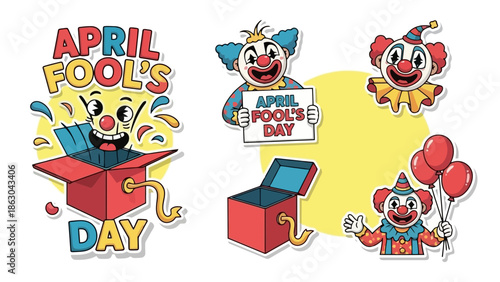 A collection of playful illustrations celebrating April Fool's Day with clowns popping out of boxes and holding balloons.