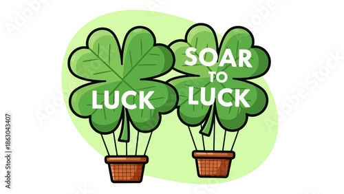 Lucky Clover Hot Air Balloons with "Luck to Luck" and "Soar to Luck" Text for St. Patrick's Day or