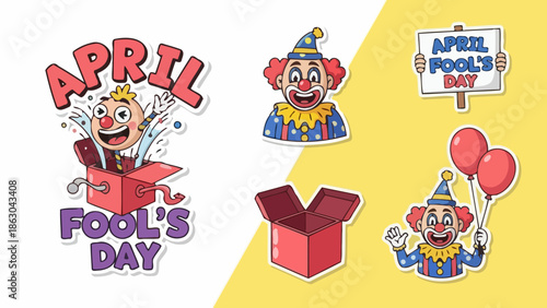 A collection of cartoon stickers celebrating April Fool's Day with clowns and surprise boxes.