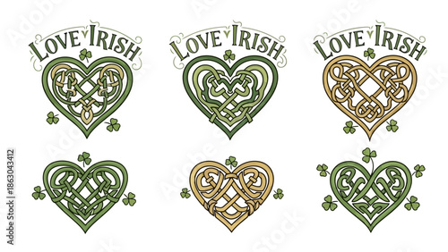 Set of Six Irish Celtic Heart Designs with "Love Irish" Text and Shamrock Accents in Green and Gold