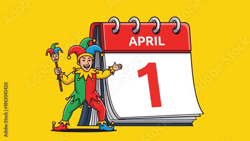 A jester holding a scepter stands next to a calendar showing April 1st, symbolizing April Fools' Day.